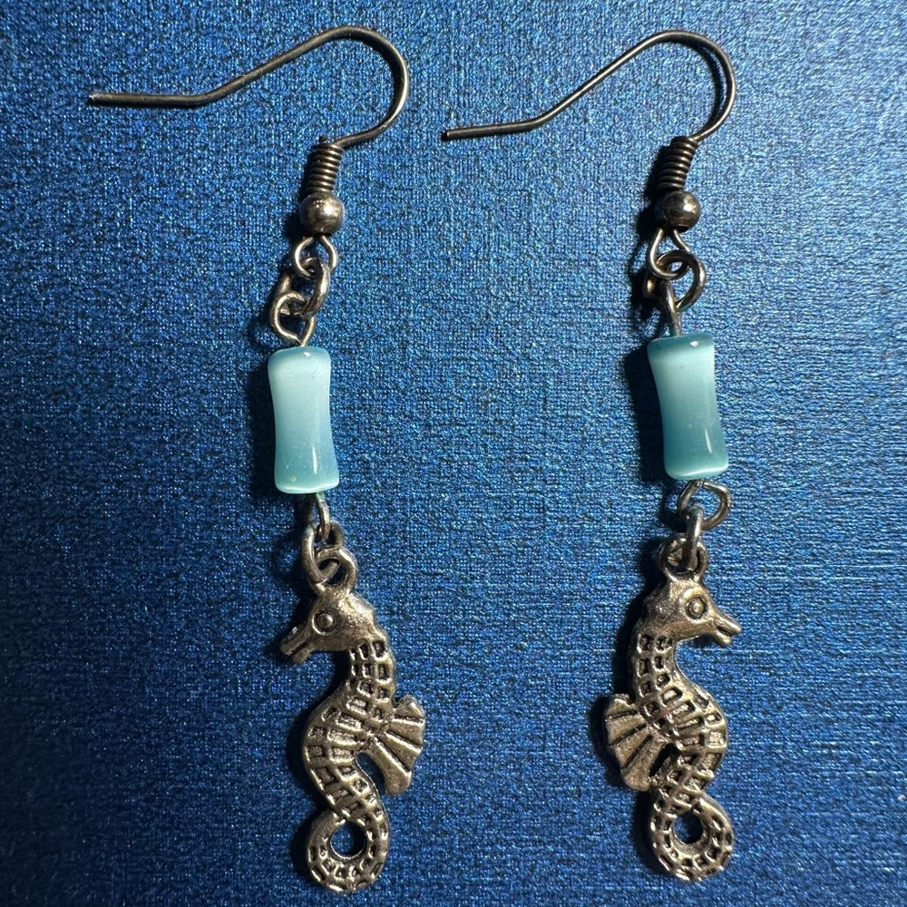 Seahorse Drop Earrings with Aqua Beads - Women Jewelry